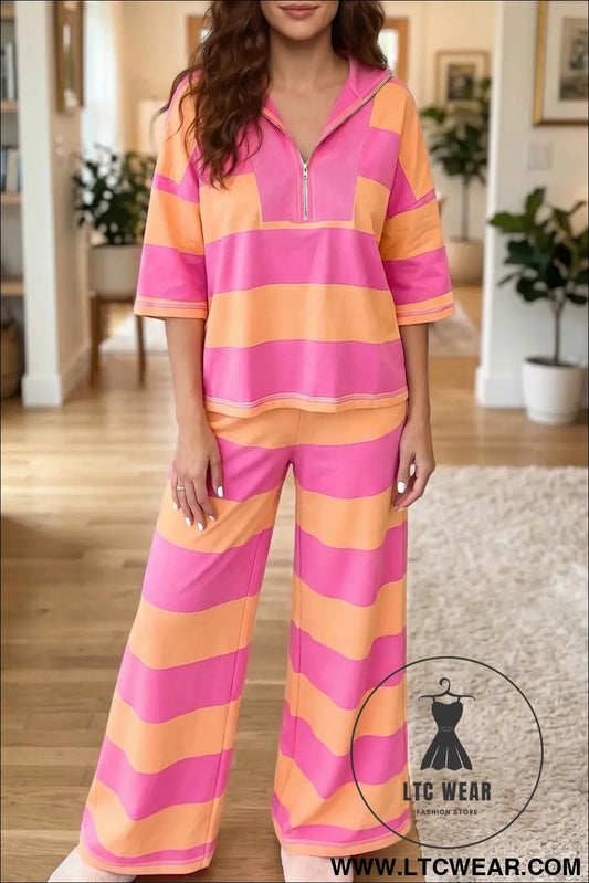 Orange Stripe Colorblock Half Sleeve Top Casual Loose Pants 2pcs Set