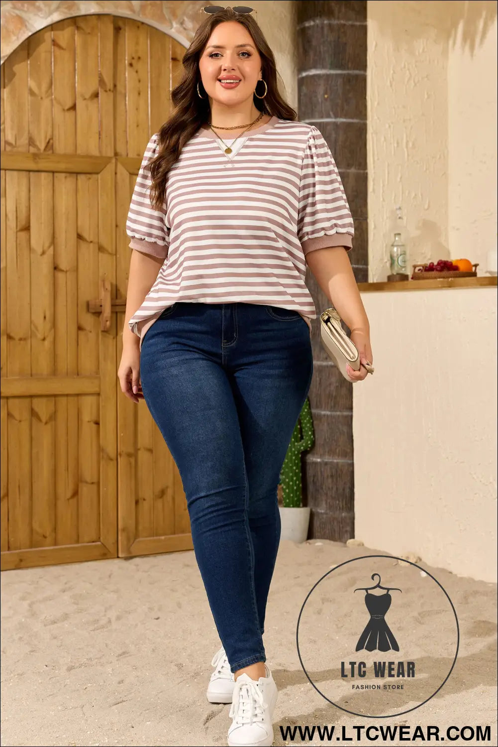 Orange stripe ribbed trim round neck short puff sleeve plus t shirt - 30%