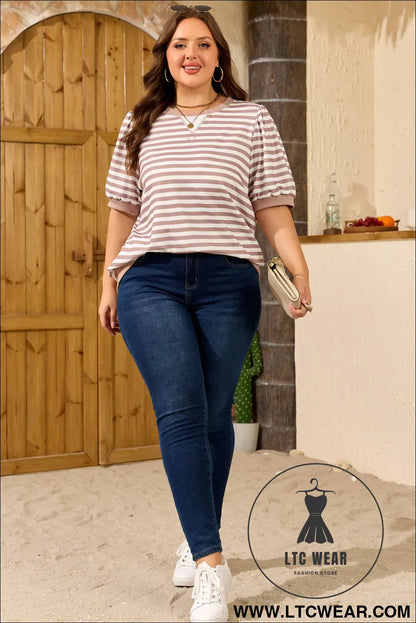 Orange stripe ribbed trim round neck short puff sleeve plus t shirt - 30%