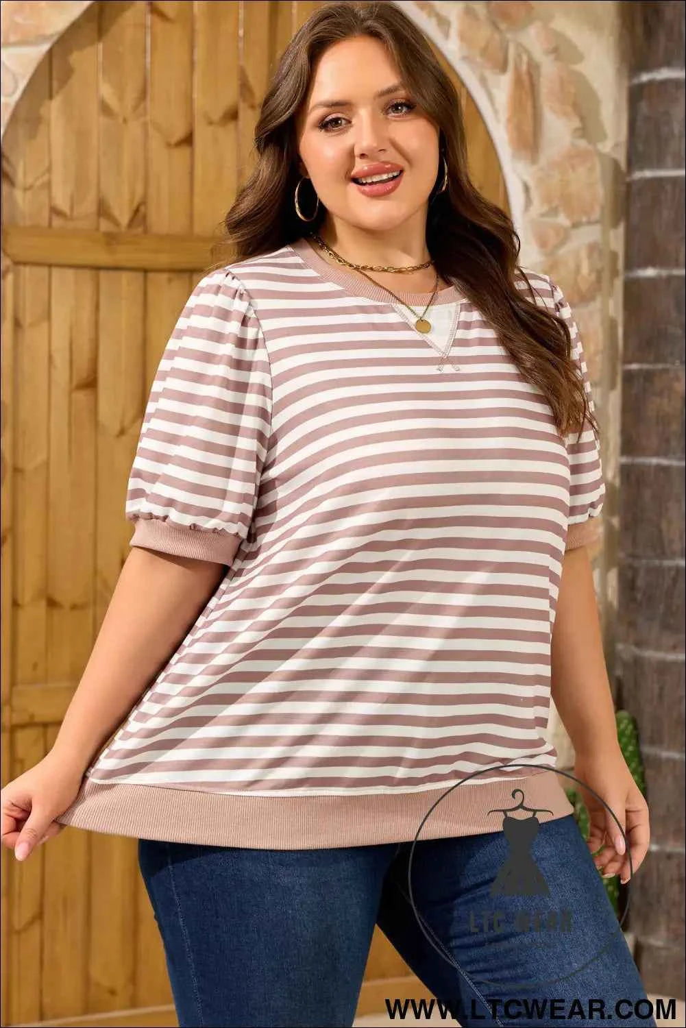 Orange Stripe Ribbed Trim Round Neck Short Puff Sleeve Plus T Shirt
