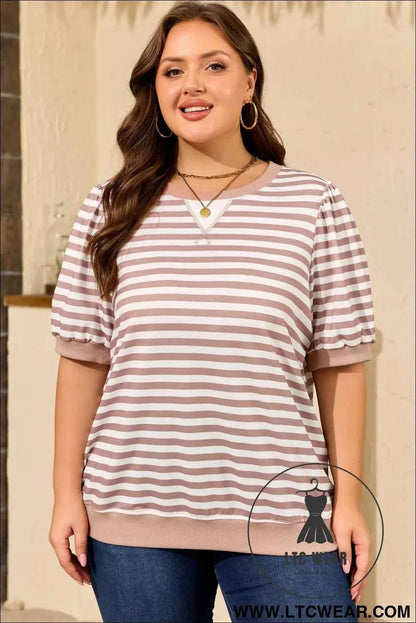 Orange Stripe Ribbed Trim Round Neck Short Puff Sleeve Plus T Shirt