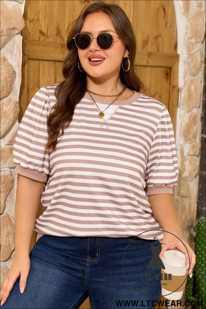 Orange stripe ribbed trim round neck short puff sleeve plus t shirt - 30%