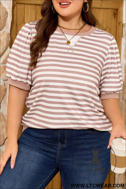 Orange stripe ribbed trim round neck short puff sleeve plus t shirt - 30%