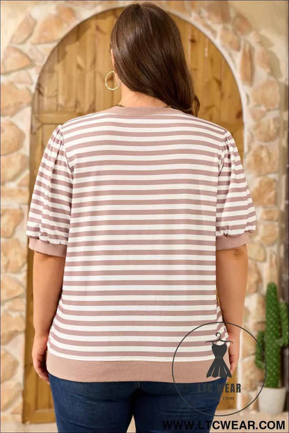 Orange Stripe Ribbed Trim Round Neck Short Puff Sleeve Plus T Shirt
