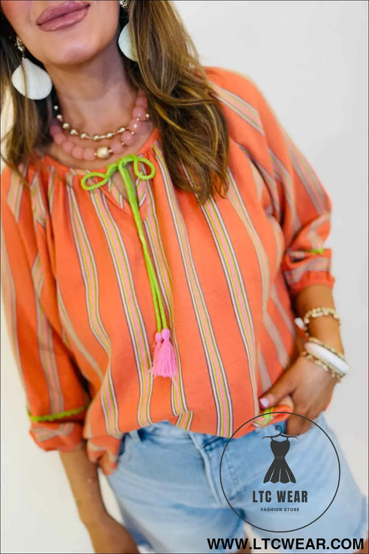 Orange Stripe Tassel Tie Neck Bracelet Sleeve Cotton Blouse