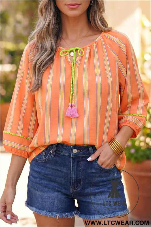 Orange Stripe Tassel Tie Neck Bracelet Sleeve Cotton Blouse