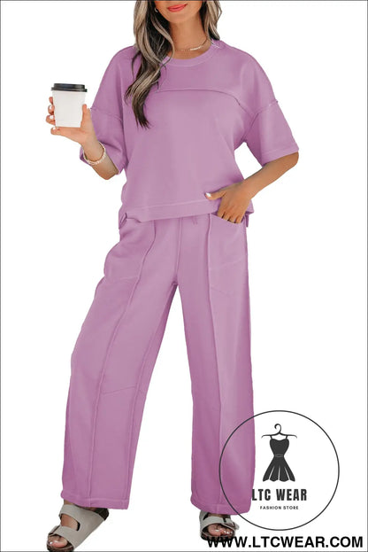 Orchid Bouquet Drop Shoulder Boxy Tee and Barrel Pants Set - L.T.C Wear Online Fashion Store