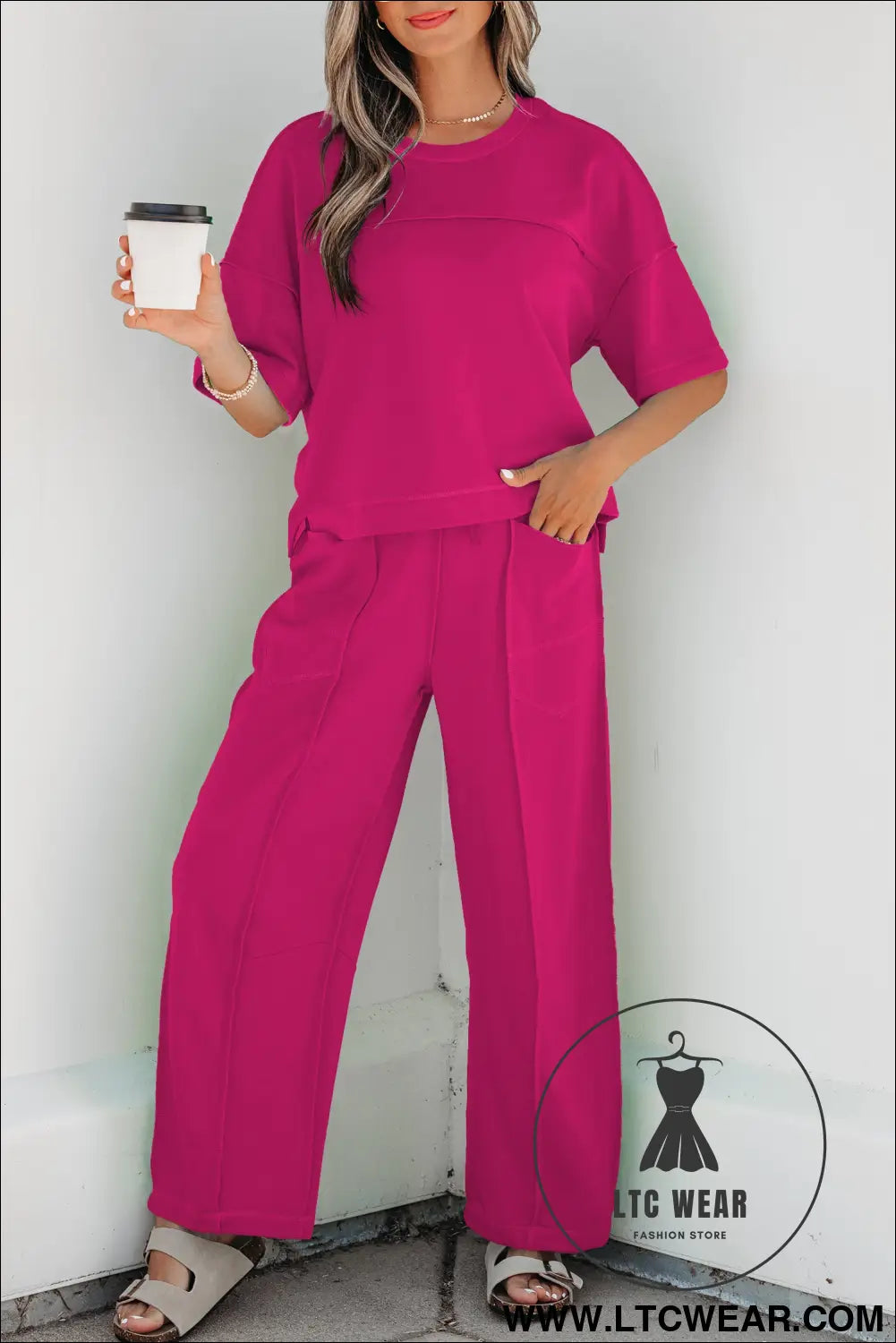 Orchid Bouquet Drop Shoulder Boxy Tee and Barrel Pants Set - L.T.C Wear Online Fashion Store