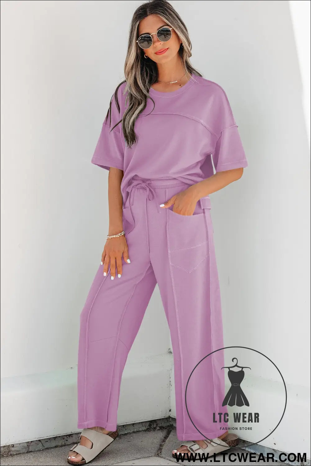 Orchid Bouquet Drop Shoulder Boxy Tee and Barrel Pants Set - L.T.C Wear Online Fashion Store