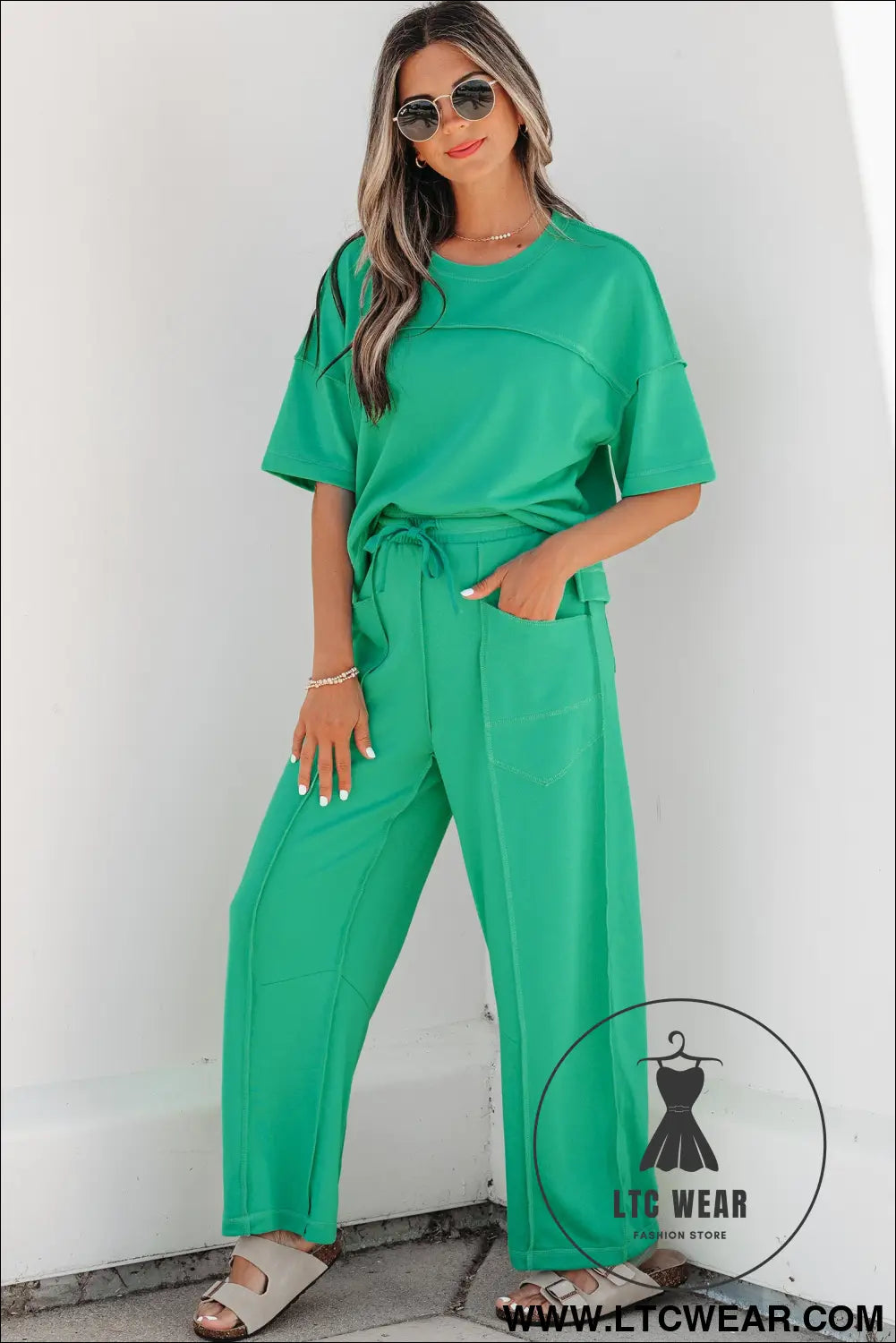 Orchid Bouquet Drop Shoulder Boxy Tee and Barrel Pants Set - L.T.C Wear Online Fashion Store