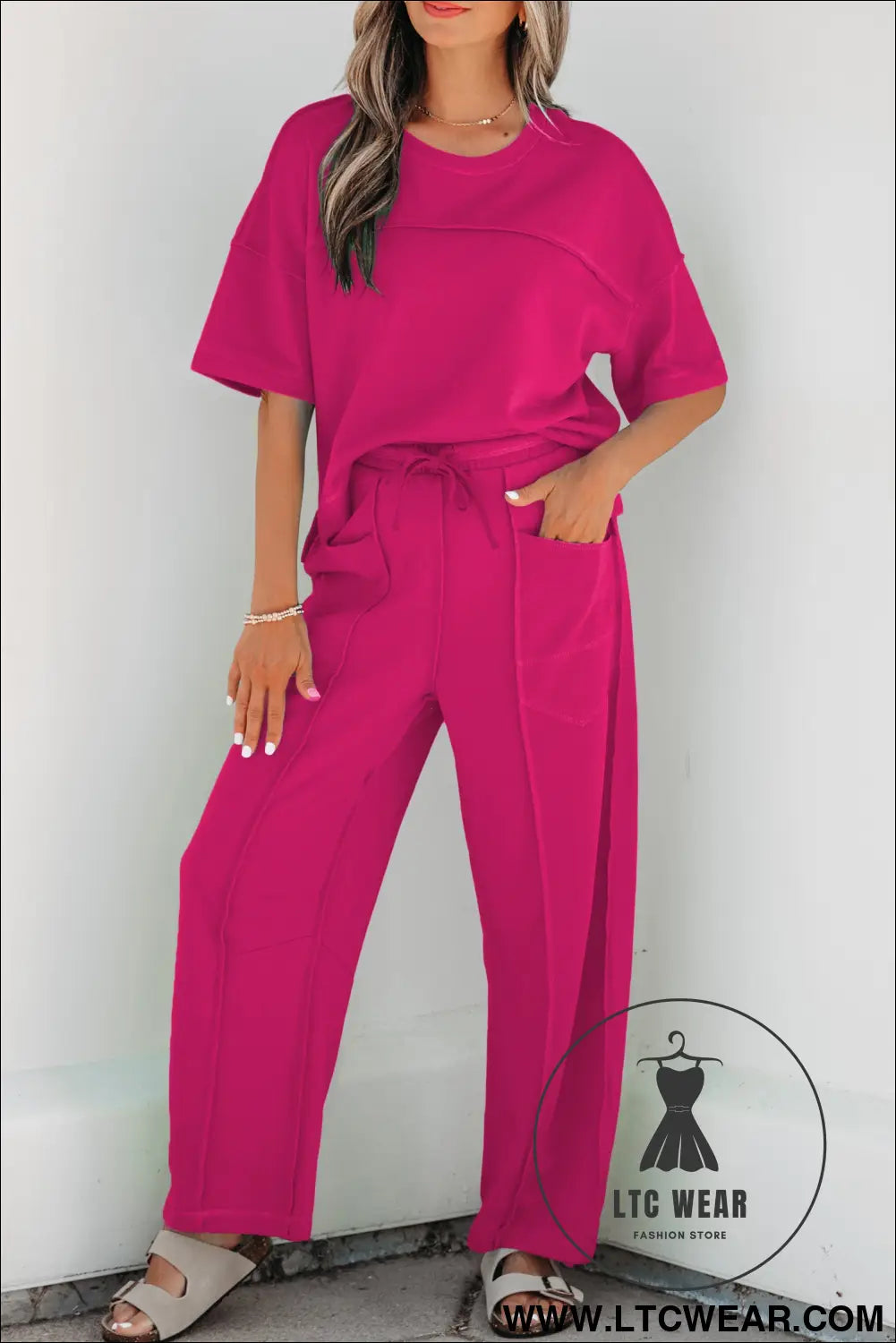 Orchid Bouquet Drop Shoulder Boxy Tee and Barrel Pants Set - L.T.C Wear Online Fashion Store