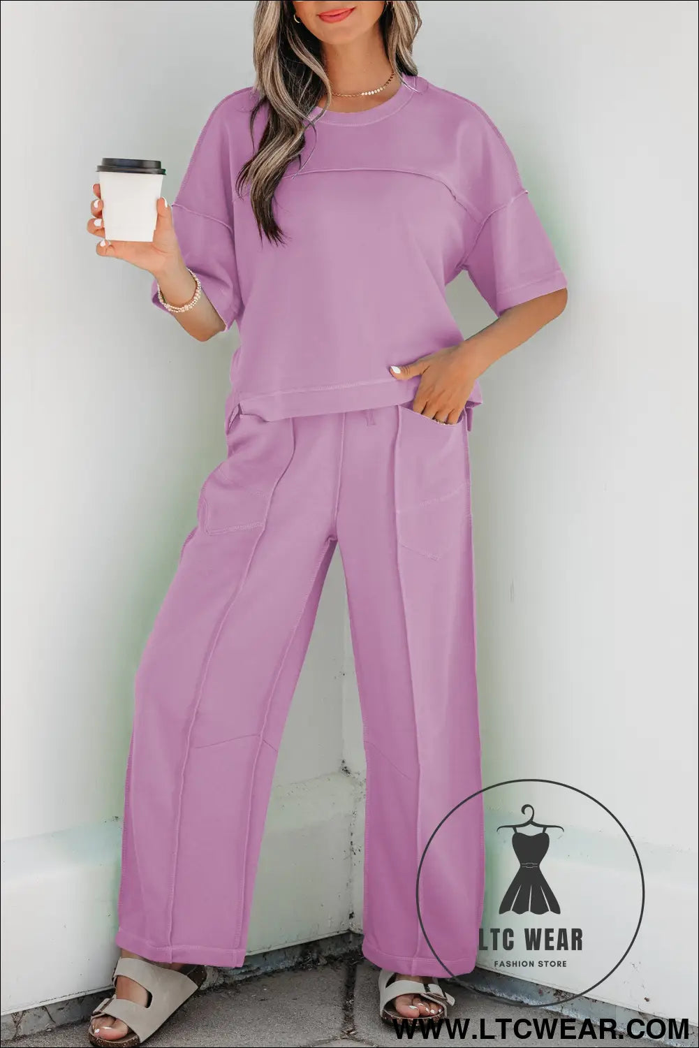 Orchid Bouquet Drop Shoulder Boxy Tee and Barrel Pants Set - L.T.C Wear Online Fashion Store