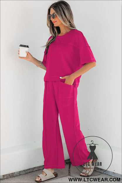 Orchid Bouquet Drop Shoulder Boxy Tee and Barrel Pants Set - L.T.C Wear Online Fashion Store