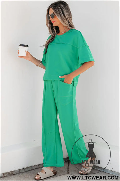 Orchid Bouquet Drop Shoulder Boxy Tee and Barrel Pants Set - L.T.C Wear Online Fashion Store