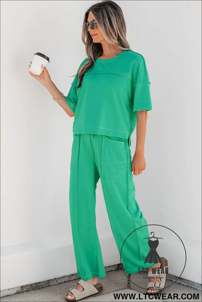 Orchid Bouquet Drop Shoulder Boxy Tee and Barrel Pants Set - L.T.C Wear Online Fashion Store