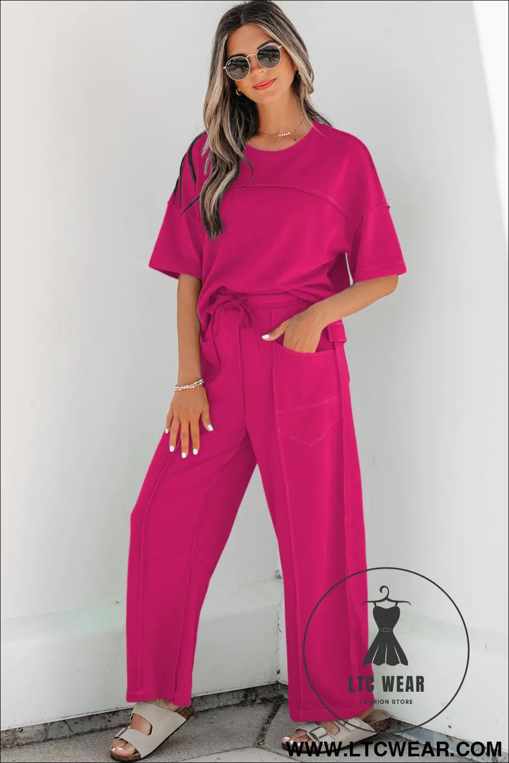 Orchid Bouquet Drop Shoulder Boxy Tee and Barrel Pants Set - L.T.C Wear Online Fashion Store