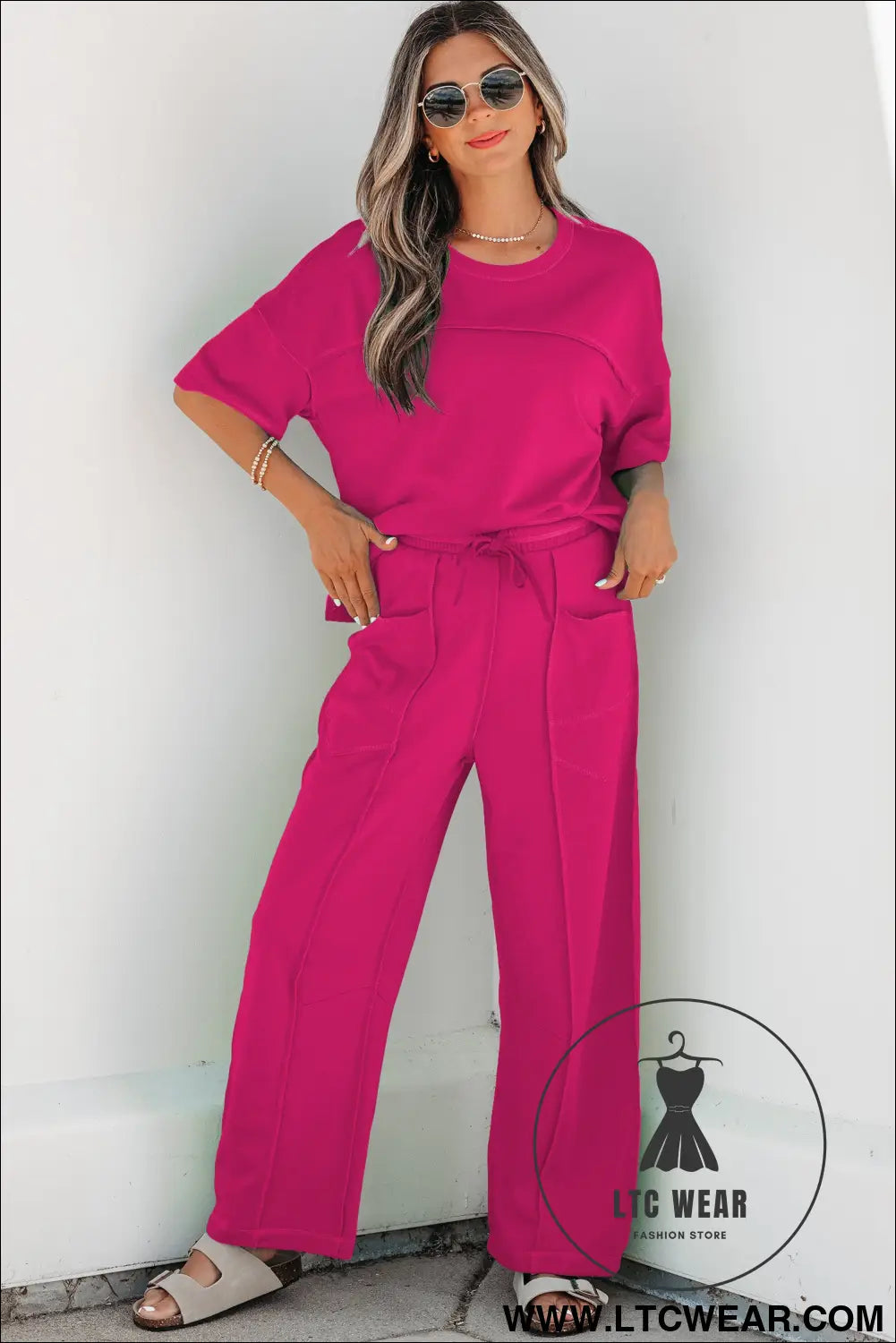 Orchid Bouquet Drop Shoulder Boxy Tee and Barrel Pants Set - L.T.C Wear Online Fashion Store