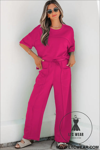 Orchid Bouquet Drop Shoulder Boxy Tee and Barrel Pants Set - L.T.C Wear Online Fashion Store