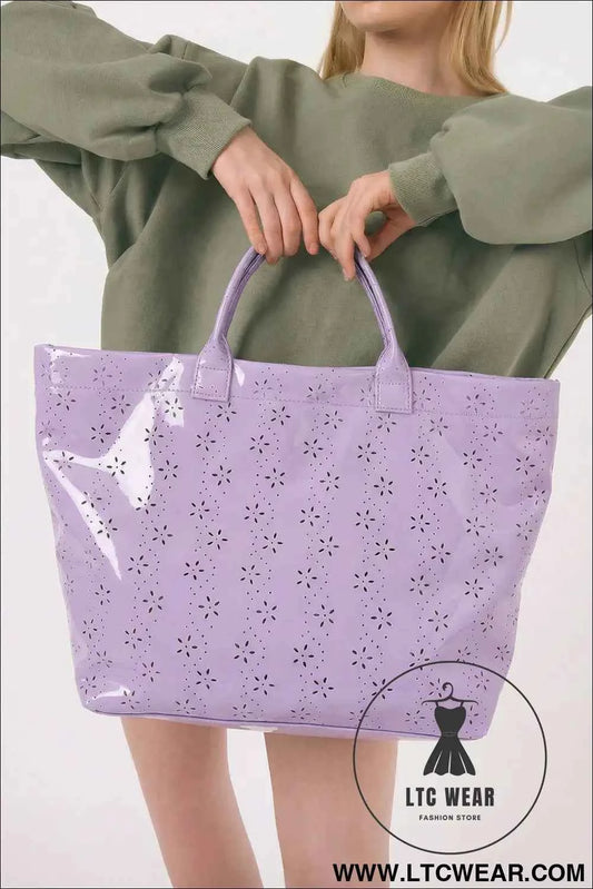 Orchid Eyelet Flower Pattern PVC Glossy Waterproof Tote Bag