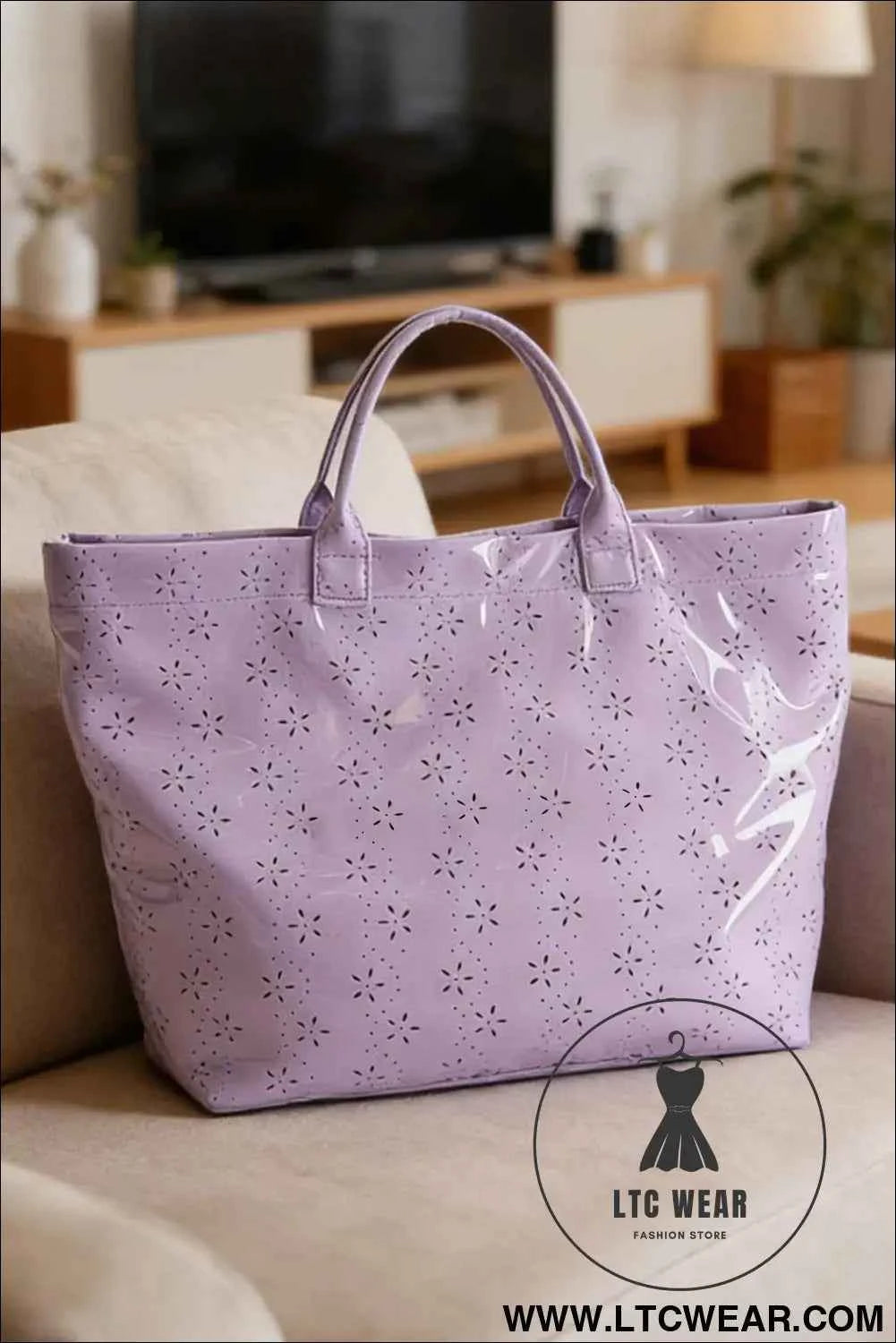 Orchid Eyelet Flower Pattern PVC Glossy Waterproof Tote Bag