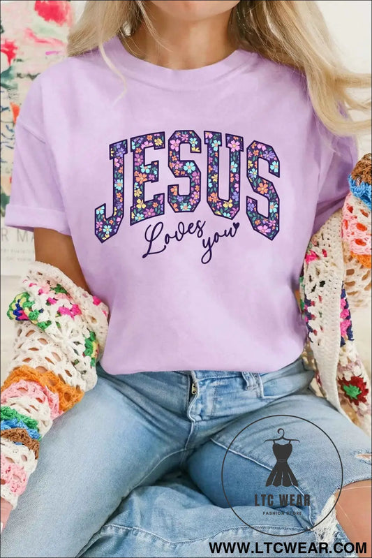 Orchid Petal Christian Floral Letter Graphic Round Neck T Shirt