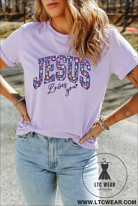 Orchid Petal Christian Floral Letter Graphic Round Neck T Shirt
