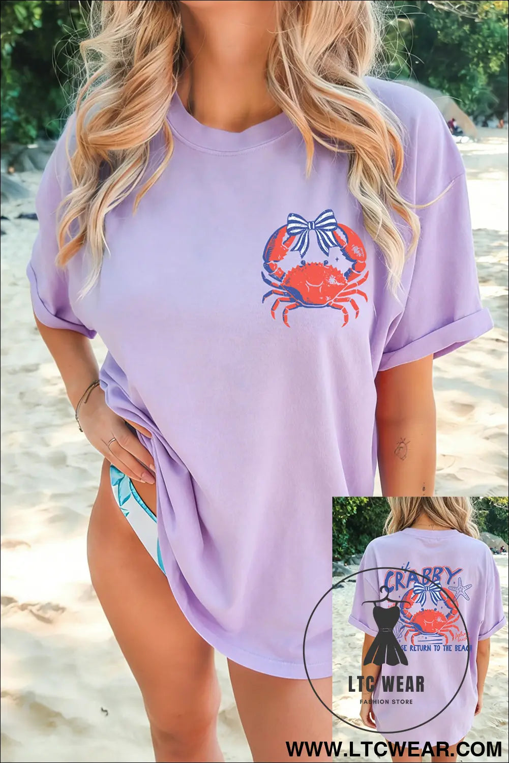 Orchid petal crabby beach day graphic t shirt - orchid petal / 2xl / 62% polyester + 32% cotton + 6% elastane - graphic