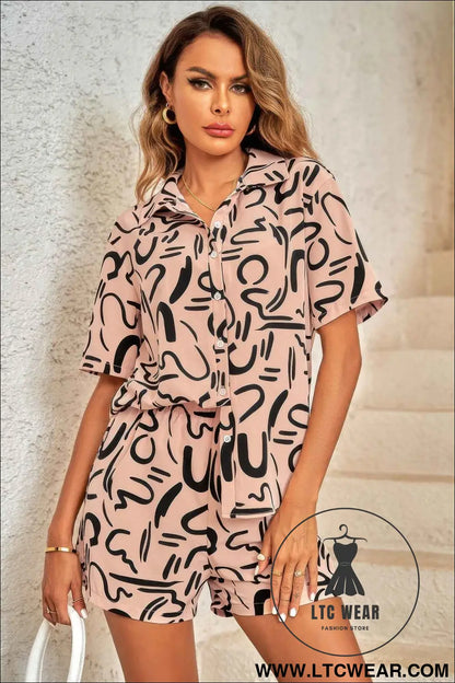 Outfit Sequins Lips Print Button Down Shorts Set