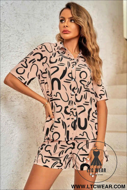 Outfit Sequins Lips Print Button Down Shorts Set