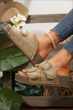 Pale khaki double buckle straps frayed detial retro slippers - slippers