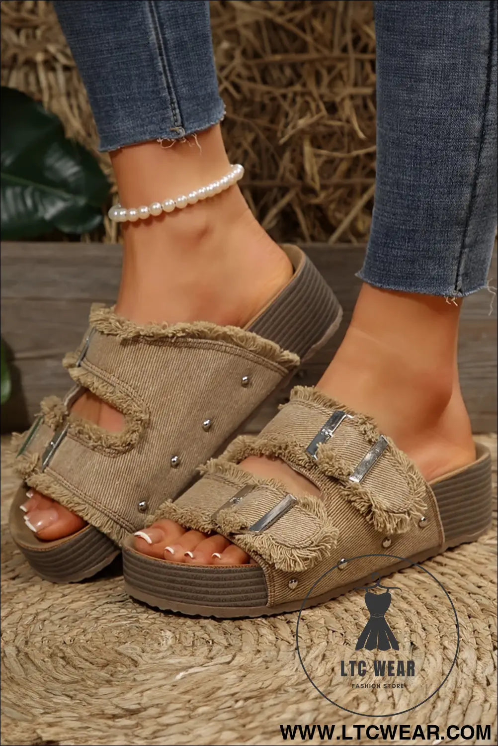 Pale khaki double buckle straps frayed detial retro slippers - pale khaki / 37 / 100% polyester + 100% tpr - slippers