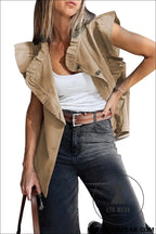 Pale khaki ruffle plain denim jacket vest - jackets