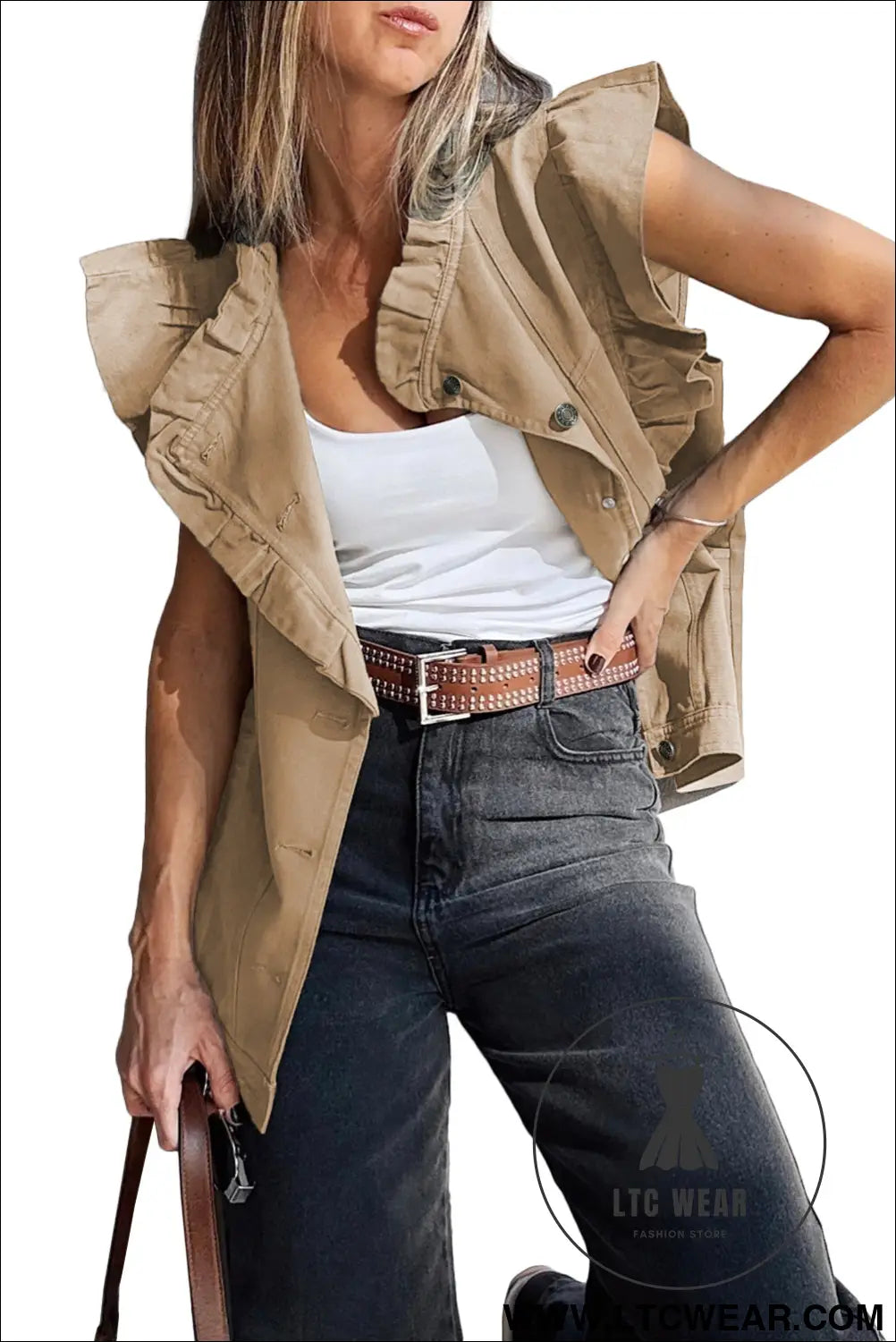 Pale khaki ruffle plain denim jacket vest - jackets