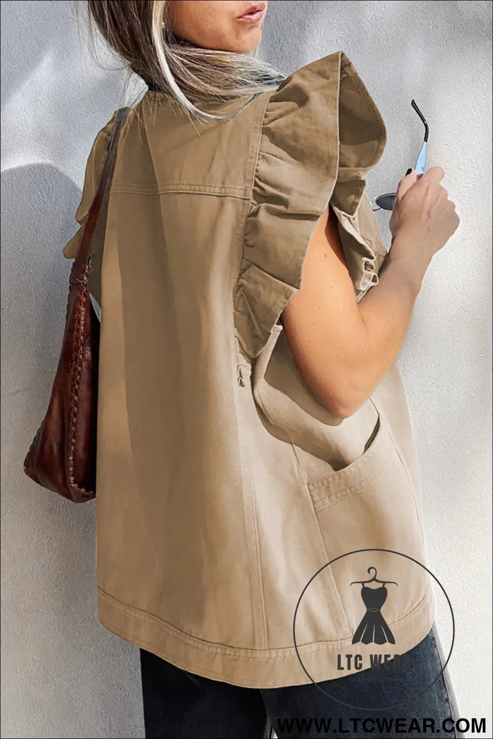 Pale khaki ruffle plain denim jacket vest - jackets