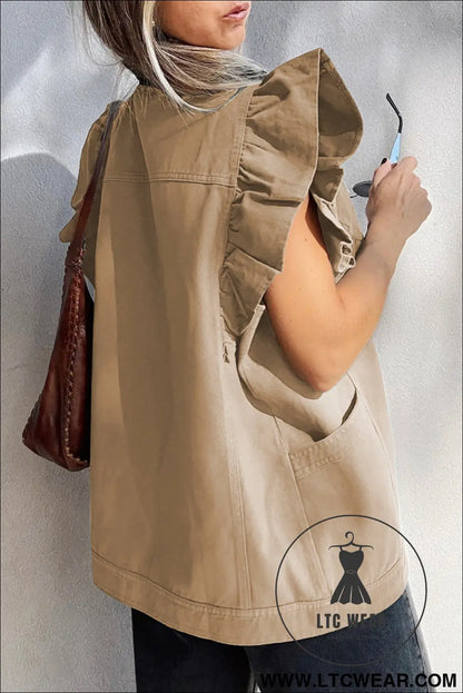 Pale khaki ruffle plain denim jacket vest - jackets