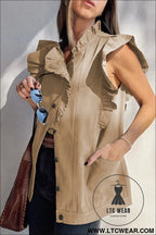 Pale khaki ruffle plain denim jacket vest - jackets