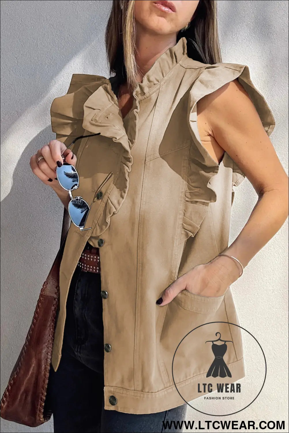 Pale khaki ruffle plain denim jacket vest - jackets