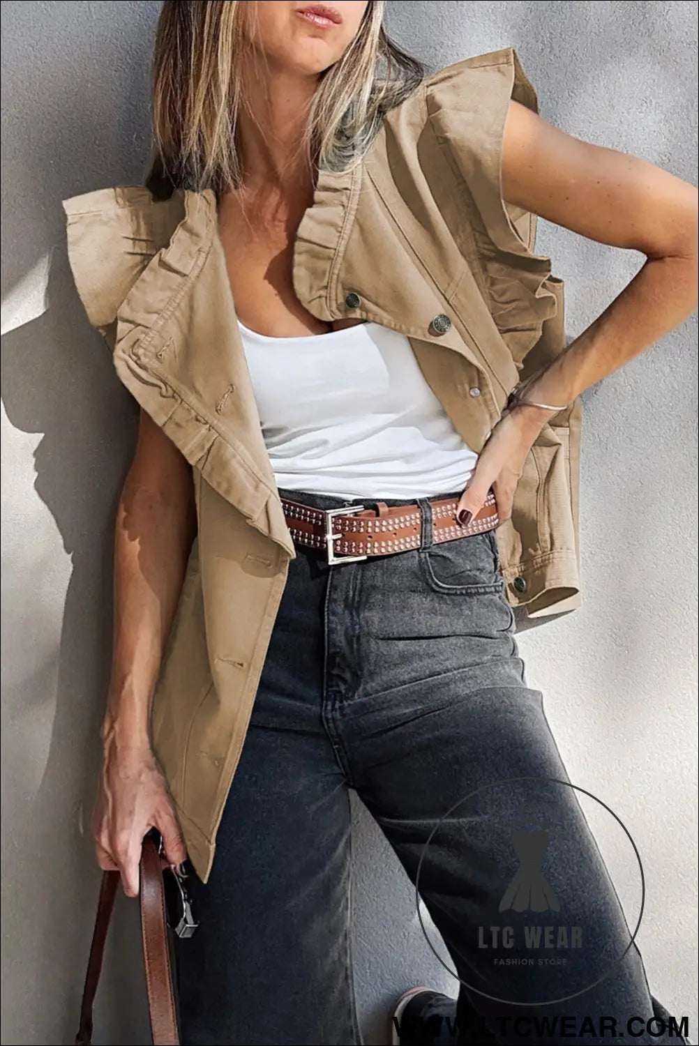 Pale khaki ruffle plain denim jacket vest - pale khaki / l / 100% cotton - jackets