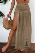 Pale khaki shirred high waist split long beach skirt - pale khaki / 2xl / 65% viscose + 35% polyester - beach cover-ups