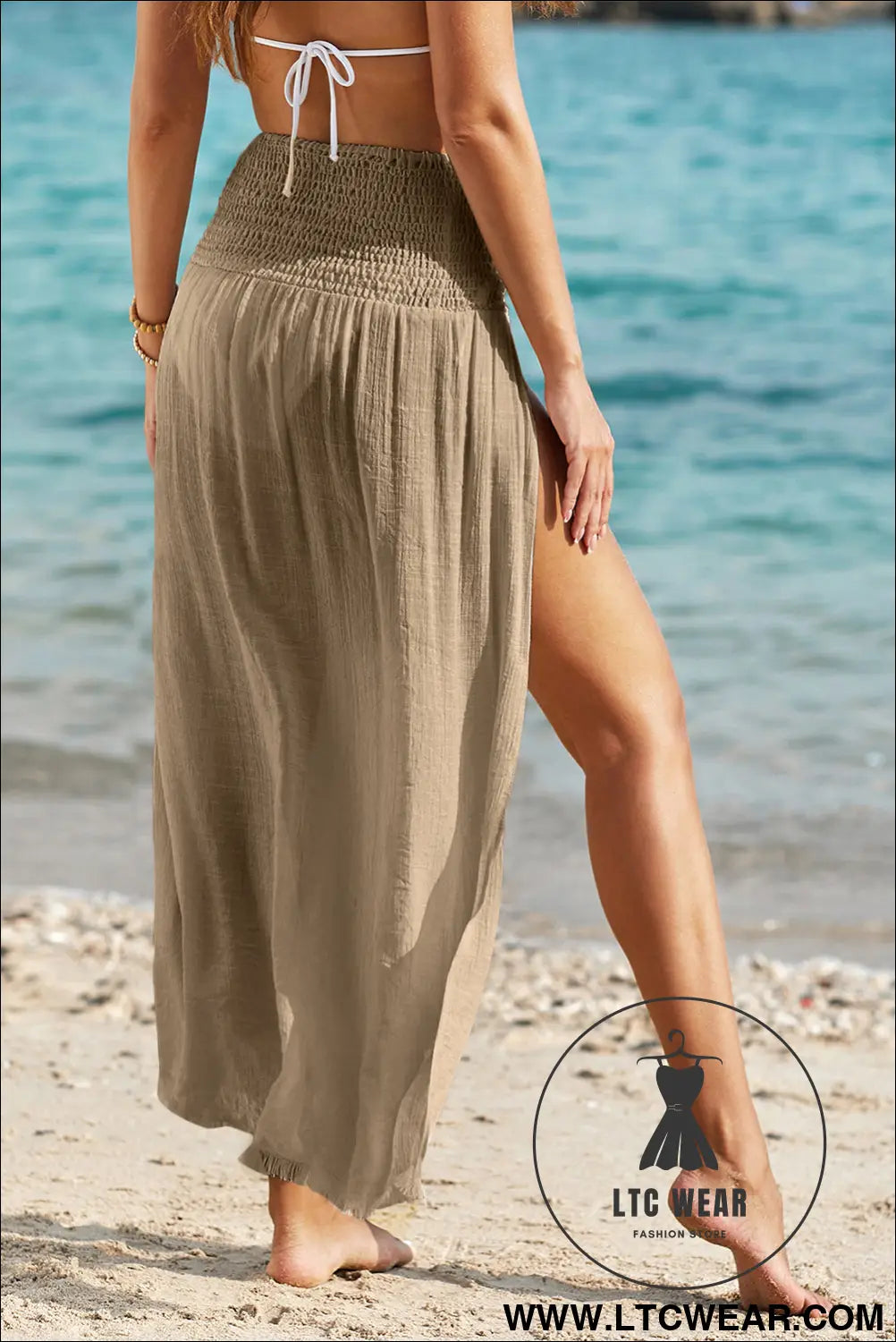 Pale khaki shirred high waist split long beach skirt - beach cover-ups