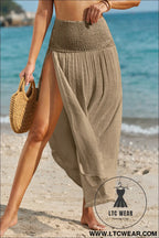 Pale khaki shirred high waist split long beach skirt - beach cover-ups