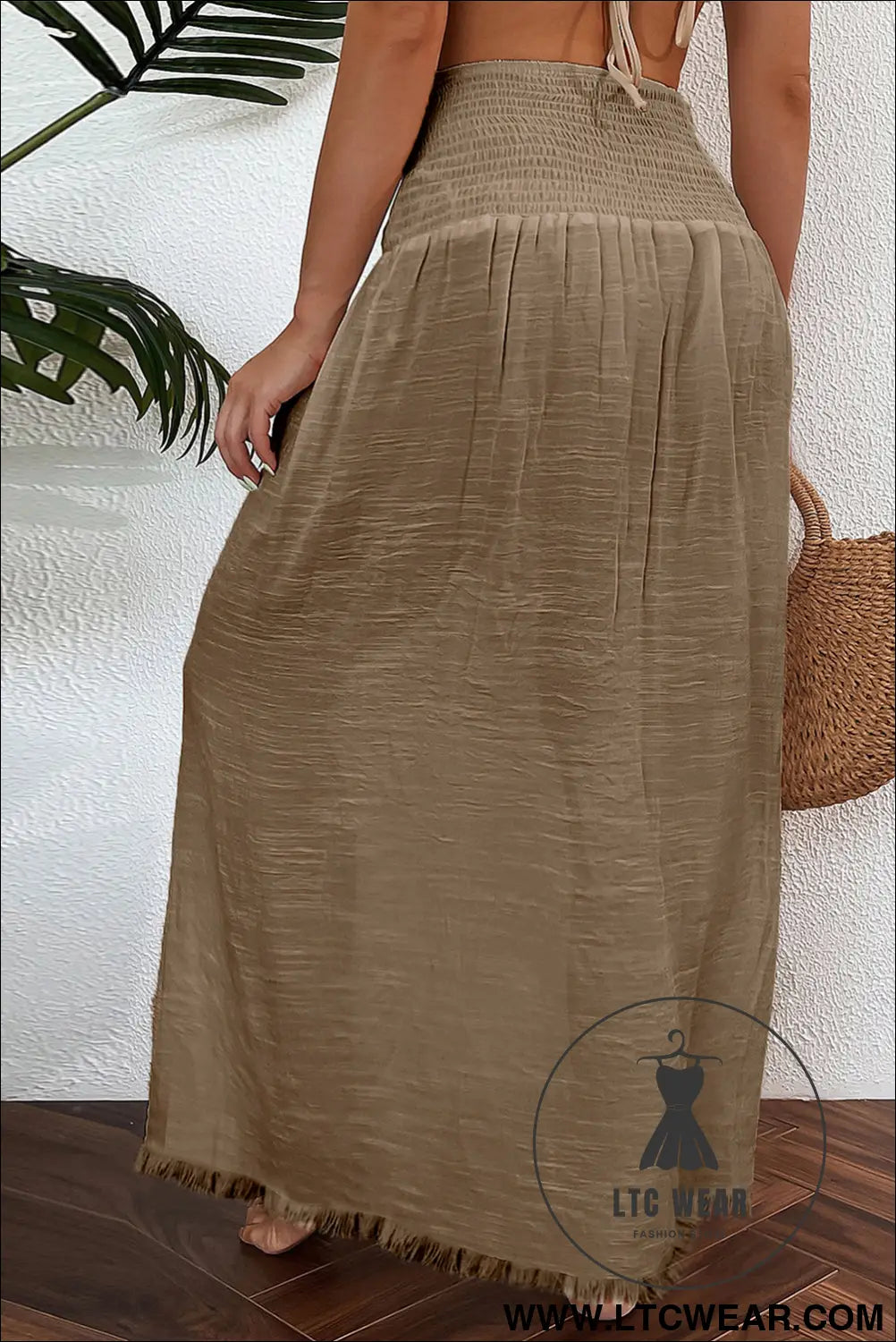 Pale khaki shirred high waist split long beach skirt - beach cover-ups