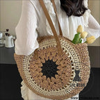 Paper rope hollow out colorful round plate grass woven bag casual beach bag one shoulder fashionable woven bag