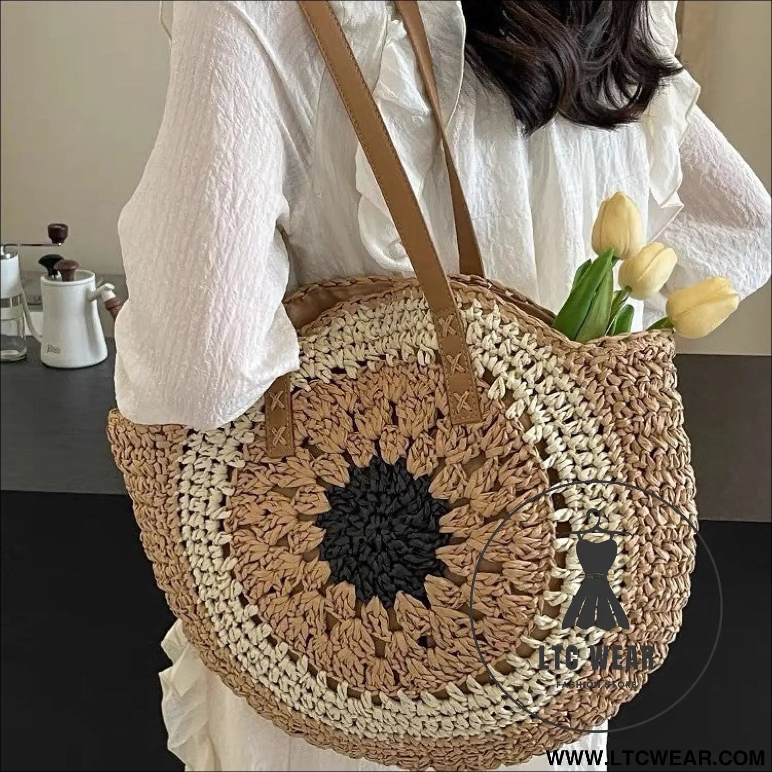 Paper rope hollow out colorful round plate grass woven bag casual beach bag one shoulder fashionable woven bag
