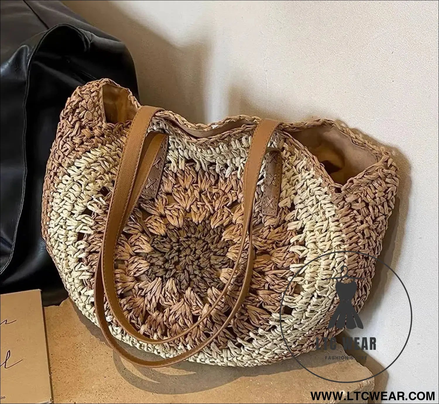 Paper rope hollow out colorful round plate grass woven bag casual beach bag one shoulder fashionable woven bag - coffee