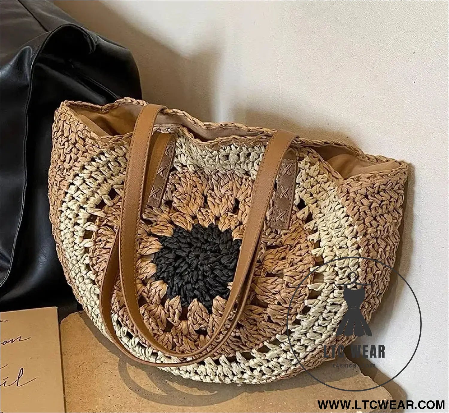 Paper rope hollow out colorful round plate grass woven bag casual beach bag one shoulder fashionable woven bag - black