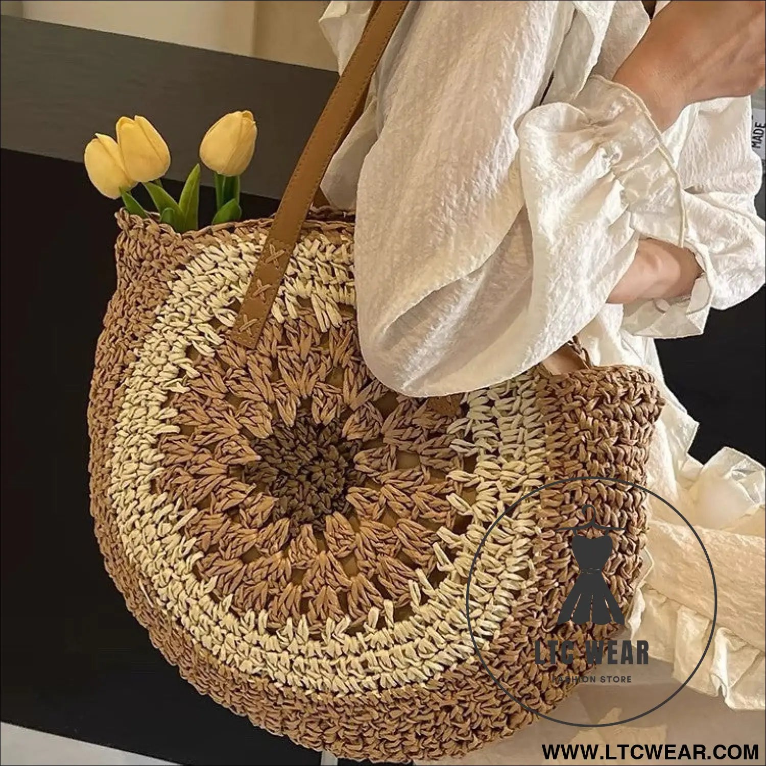 Paper rope hollow out colorful round plate grass woven bag casual beach bag one shoulder fashionable woven bag