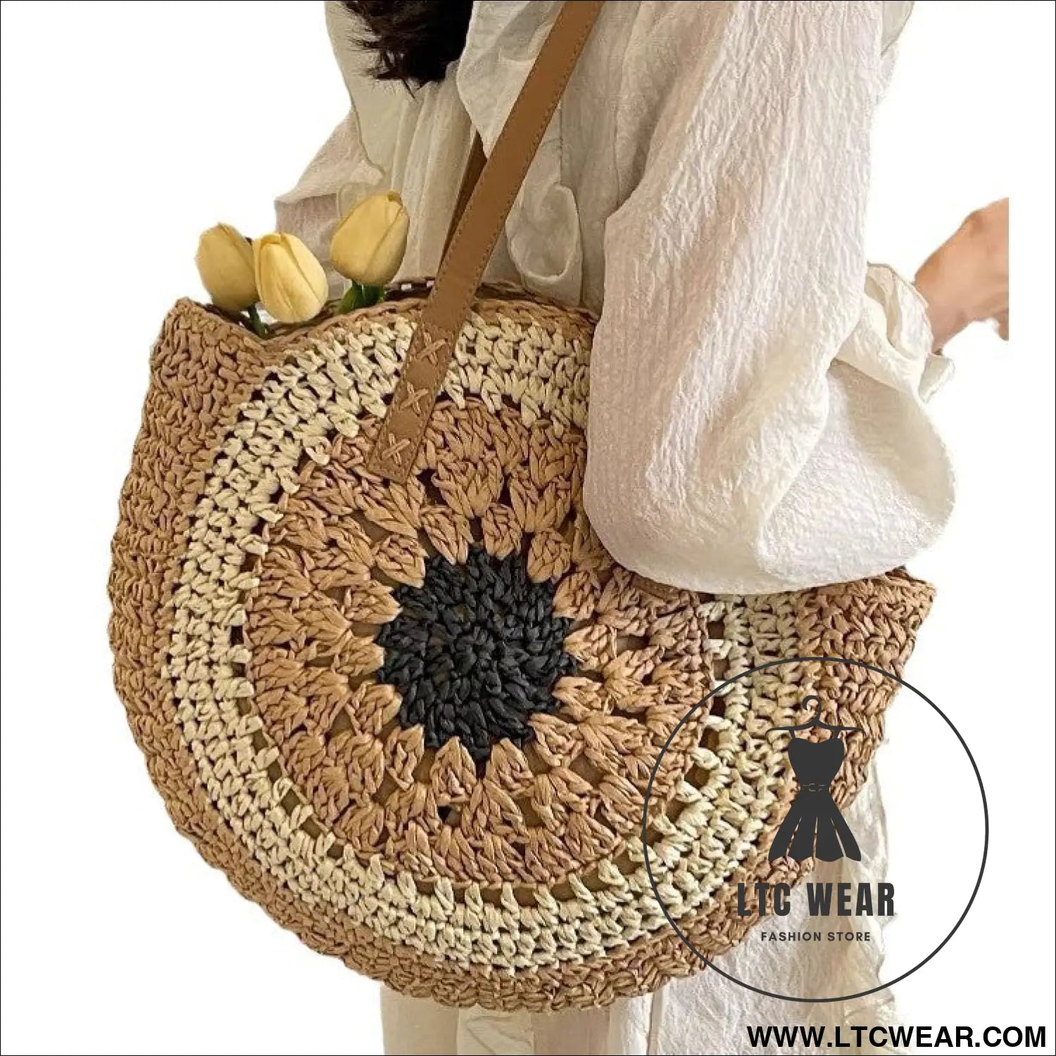 Paper rope hollow out colorful round plate grass woven bag casual beach bag one shoulder fashionable woven bag
