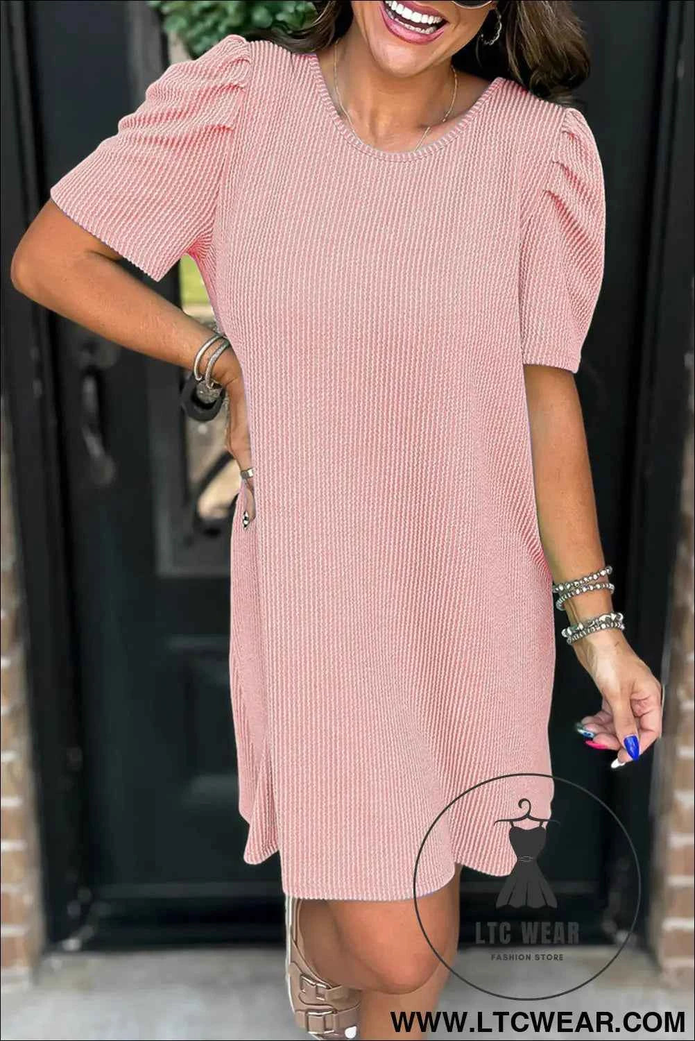 Parchment Puff Sleeve Ribbed Knit Mini Dress