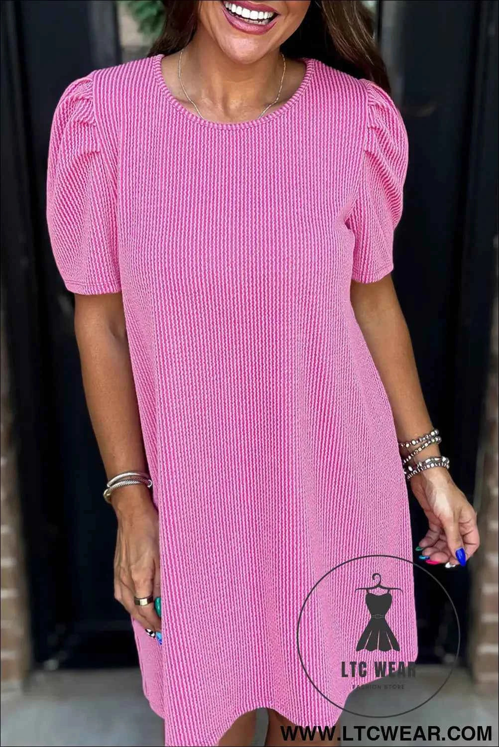 Parchment Puff Sleeve Ribbed Knit Mini Dress